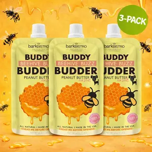 3pk Beehive Buzz Buddy Budder Squeeze Pouch (4oz each)- All Natural Dog Peanut Butter, Perfect with Dog Enrichment, Treating, Training, Traveling
