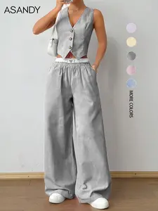 Women's Striped Print Fitted Vest Top & Wide Leg Pants Two-Piece Set, Casual Sleeveless Vneck Top & Pants for Summer, Ladies Clothes for Daily Wear, Womenswear