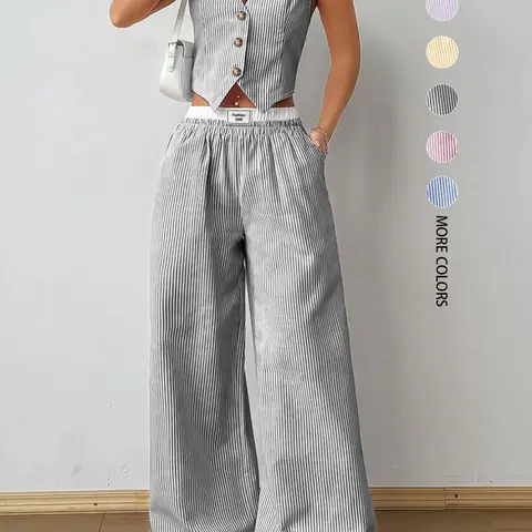 Women's Striped Print Vneck Fitted Vest Top & Wide Leg Pants Two-Piece Set, Casual Sleeveless Top & Pants for Summer, Ladies Clothes for Daily Wear, Summer Outfit Set