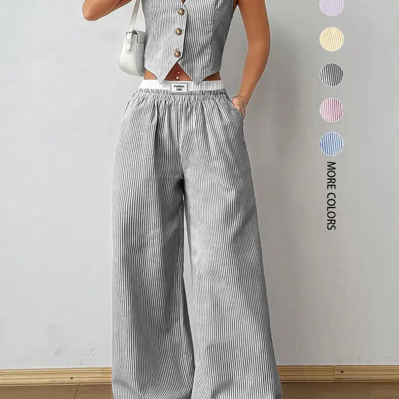 Women's Striped Print Vneck Fitted Vest Top & Wide Leg Pants Two-Piece Set, Casual Sleeveless Top & Pants for Summer, Ladies Clothes for Daily Wear, Summer Outfit Set