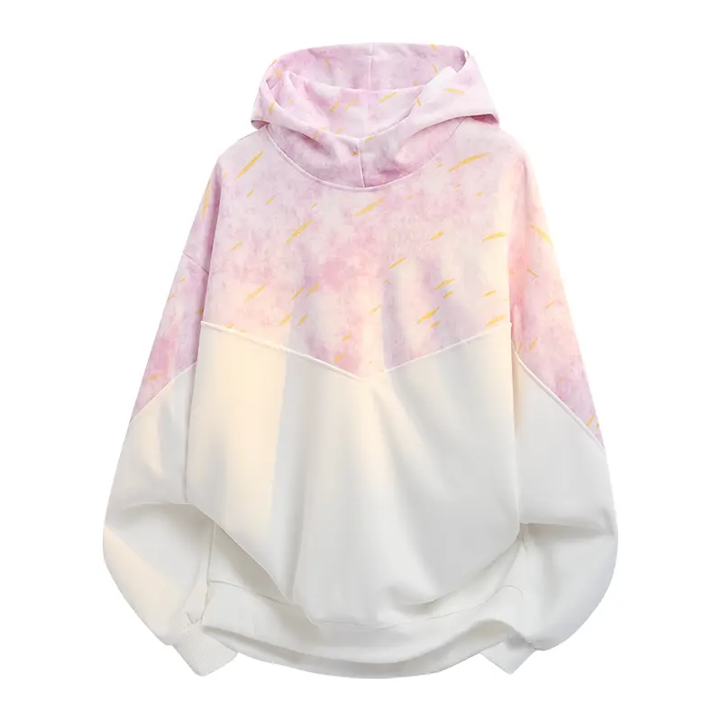 Men's Two Tone Patchwork Pink Tie Dye Printed Hooded Sweatshirt, Raglan Long Sleeve Ribbed Cuffs Hem Side Slip Pockets Casual Top For Spring Autumn Daily Street Walking Commute Outdoor Leisure Activities
