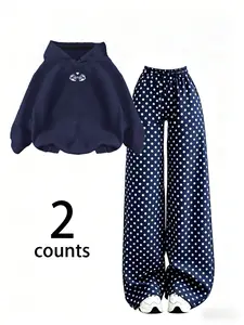 Bell Print Hoodie + Polka Dot Wide Leg Pants Set, Casual Winter, Loose Fit, High Waist, Retro Style, Comfortable and Stylish