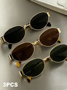 Women's Fashion Oval Metal Glasses, Frame Lenses, Stylish Eyewear Accessories, Pack of 3 Pairs