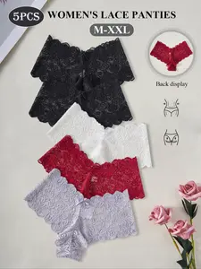 Women's Lace Underwear Mid-Waist Thong Panties, Bow Detail, Full Embroidery, Plain Color, M-Xxl, Slim-Fitting, All Seasons