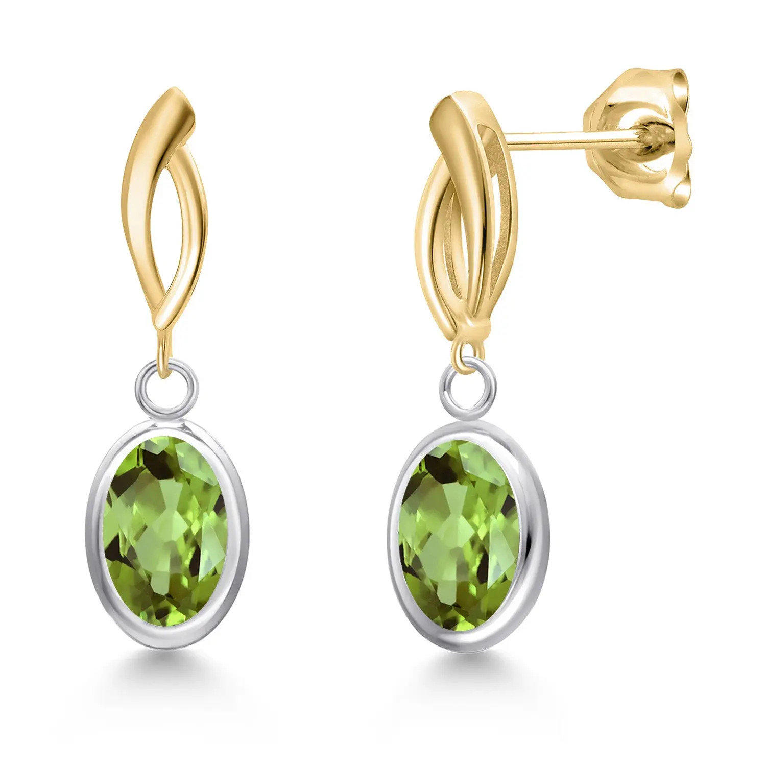Gem Stone King 925 Silver and 10K Yellow Gold Green Peridot Dangle Earrings for Women | 2.84 Cttw | Gemstone August Birthstone | Oval 8X6MM