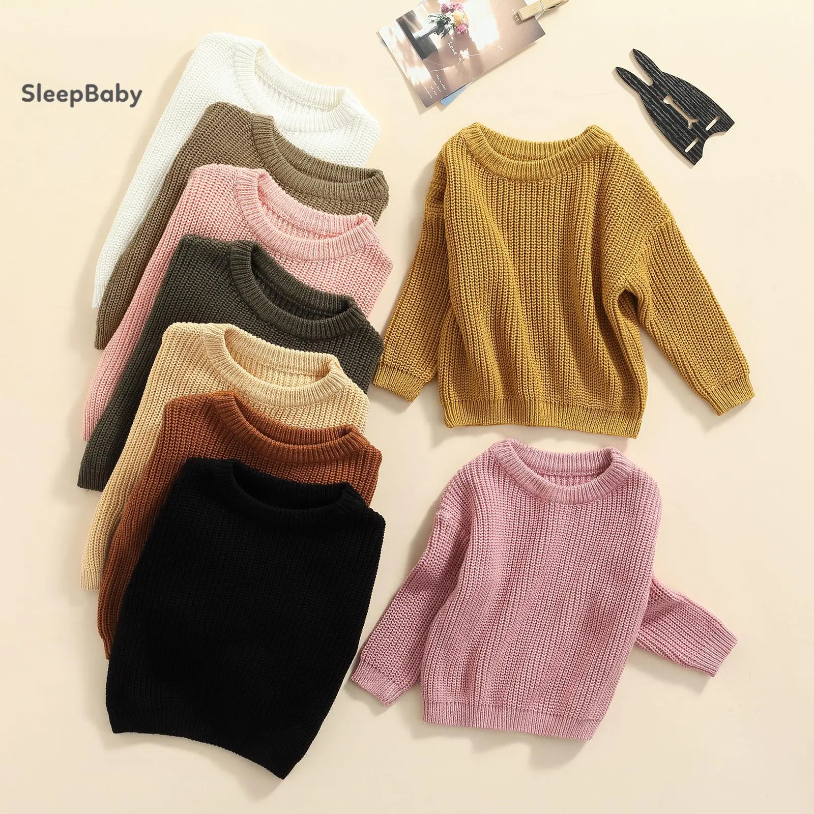 Knit Cotton Pullover Sweater, Relaxed Cut Long Sleeve Shirt for Baby Girls, Winter Top for Infants 3 - 6 Months, Solid Color, Casual Wear, O-Neck Sweater, Knitted Pullover, Loose Cut, Soft Cotton, 1 Baby Sweater