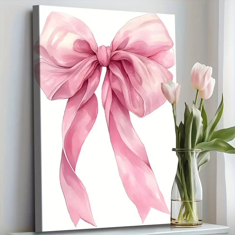 1 Piece Framed Canvas Wall Art - Valentine's Day Pink Bow Design, Valentines Decor, Waterproof and Durable Solid Wood Frame, Modern Bohemian Style Hanging Decoration, Suitable for Living Room & Bathroom, Bold Visual Contrast