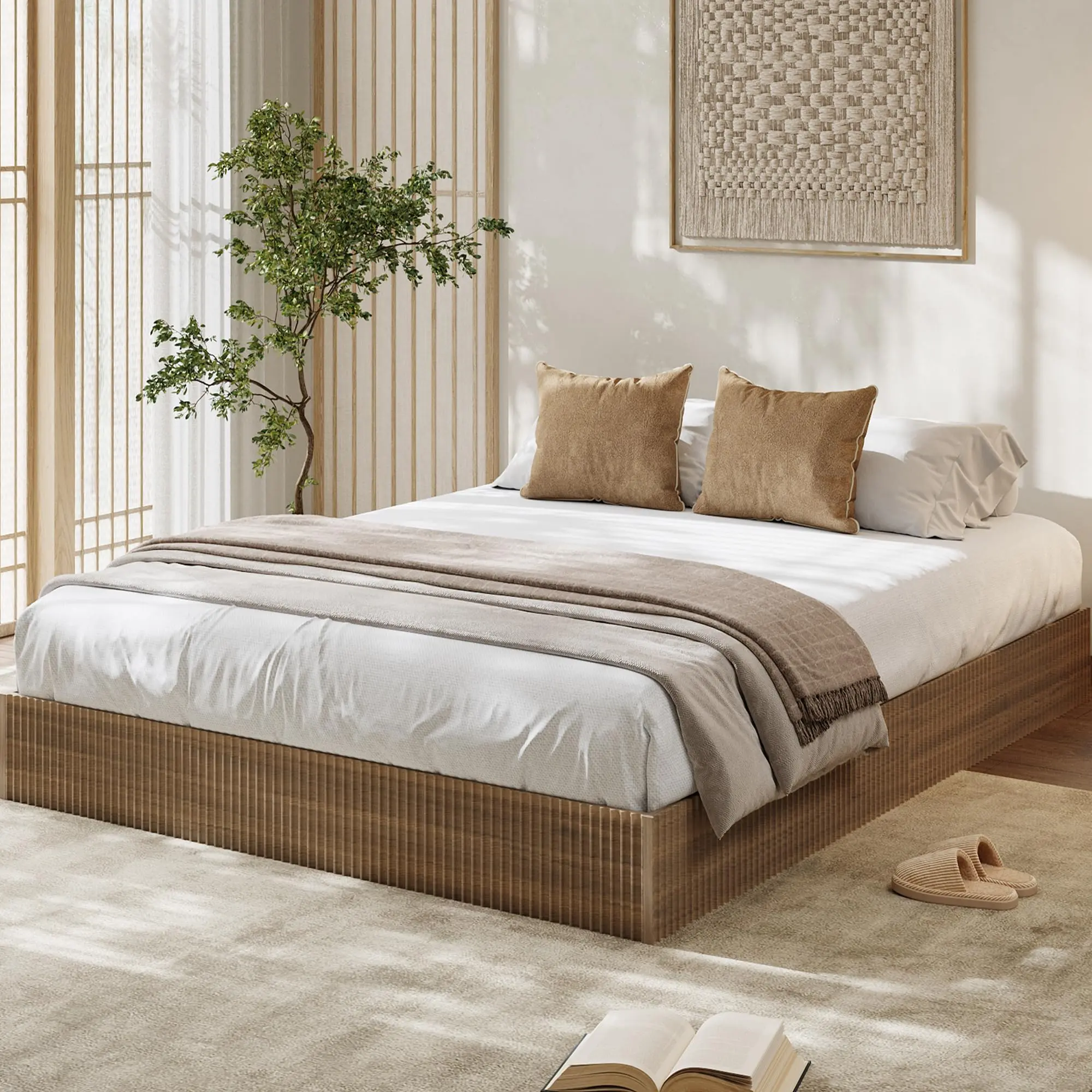 Garvee Minimalist Fluted Wood Platform Bed Frame - Low Profile, Noise-Free, Easy Assembly, No Box Spring Needed, Comfortable and Sturdy, Available in Multiple Sizes (Including King) and Finishes, King Size Bed Frame