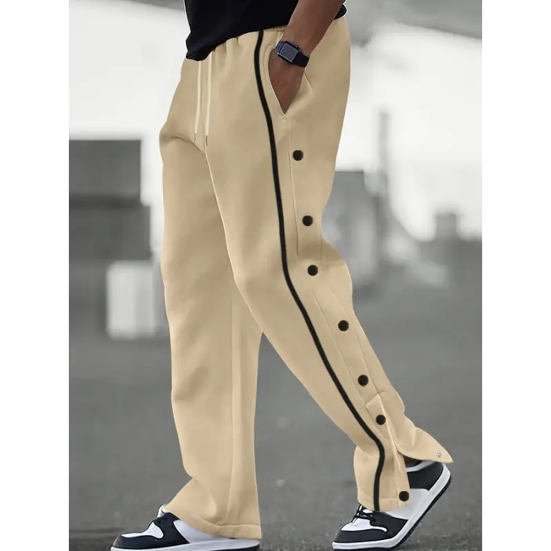 Men's Casual Polyester Sweatpants with Button Detail, Solid Color Knit Fabric, Regular Fit, Elastic Waistband, for Weekend Wear and Festive Occasions - Fall/Winter Collection Menswear Stretch sweatpants men pants men