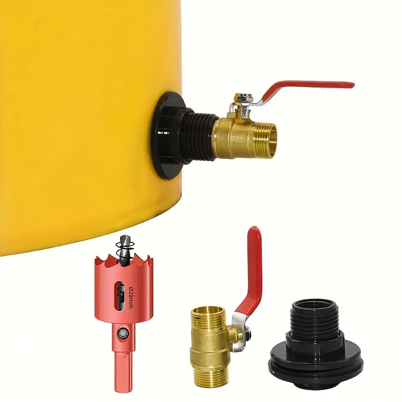 Durable Rain Barrel Connector Kit, PVC Divider Adapter with Holes, Brass Ball Valve, 3 Pieces, Smooth Metal Surface, for Rain Barrels, Aquariums, Tanks, Bathtubs, Garden Water Systems, Garden Accessories