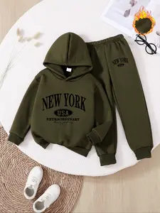 Boys' Fashion Casual Fall Winter New York Usa Print Hooded Sweatshirt Set, Thick Warm Long Pants, Comfortable Two-Piece