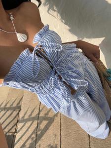 women's striped print tie front top & wide leg pants set, casual fashion cozy two-piece set for daily outdoor wear, ladies for summer, womenswear, outfit sets women, lounge sets, clothes