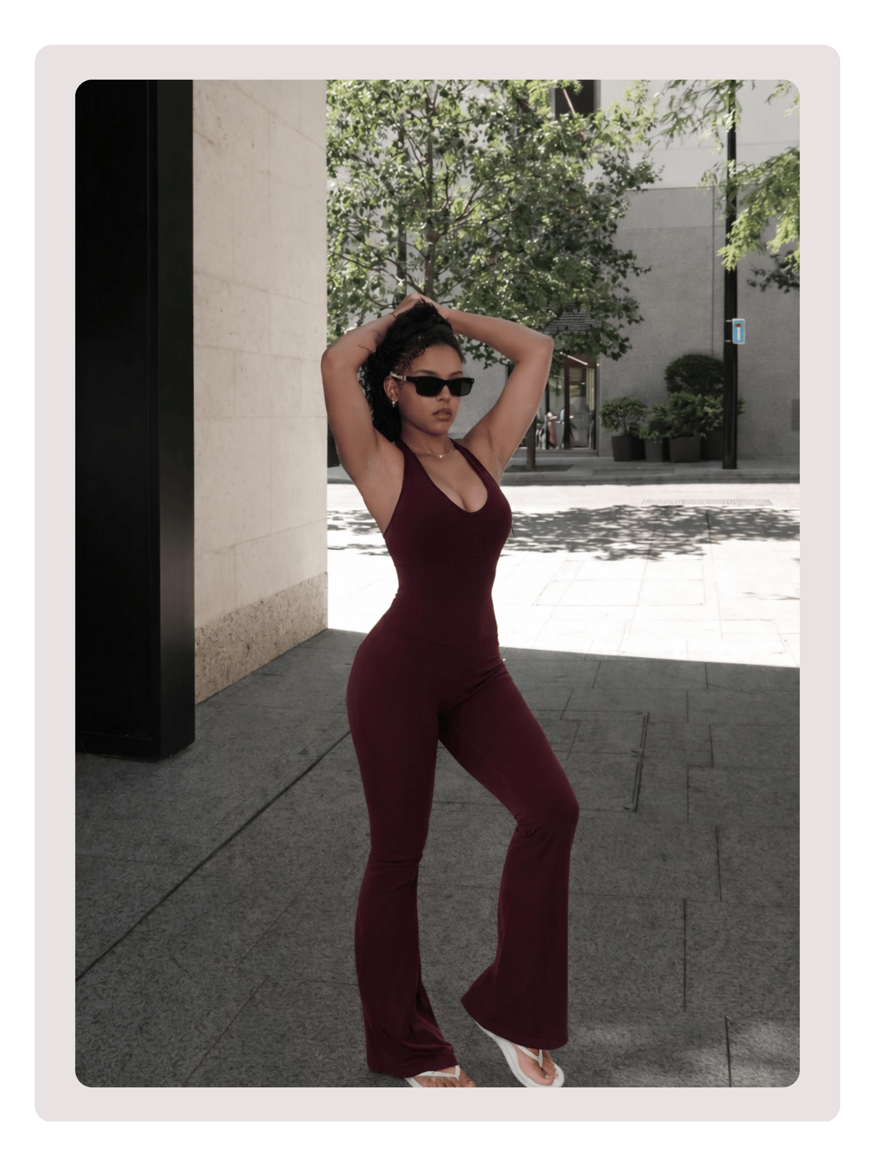 Coral Canton Backless Halter Top Sport Jumpsuit Bodycon Flared Legs