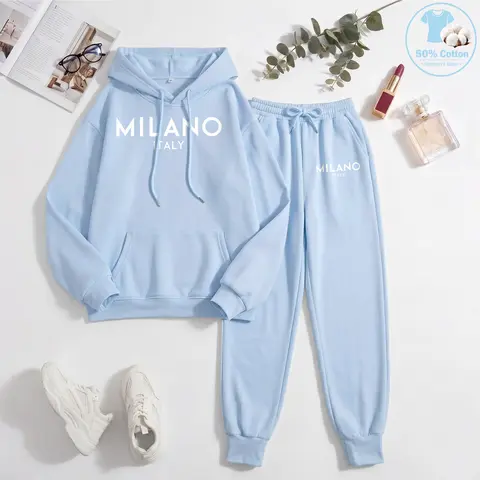 Women's 2-Piece Minimalist Milano Italy City Letter Print Hoodie & Drawstring Sweatpants Set - Normal Type Casual Athletic Training Apparel, Long Sleeve Fall Winter Multi-Function Sport-to-Street Wear with Pockets, Sohochic Indoor/Outdoor Tracksuit