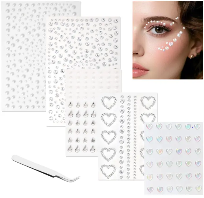 Face Gems Self-Adhesive Hair Jewels Rhinestone Stickers for Women | Heart Pearl Eye Gems Stickers, Bling Face Jewels for Makeup, Festival, Concert Stick on Gems Rave Accessories for Body, Girls