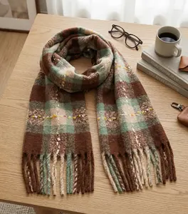 Caramel Coffee Brown-Green Plaid Scarf with Soft Korean Style Faux Cashmere and Tassels for Warm Fall and Winter Outfits