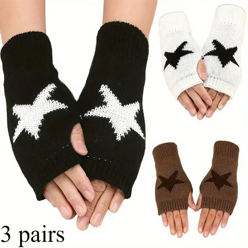 Humwam 3-Pack Half Finger Gloves for Men Women, Stylish Geometric Knit Design, Plush Warm Fingerless Hand Accessories, Comfortable for Autumn Winter Daily Life, Hiking, Driving & Trips