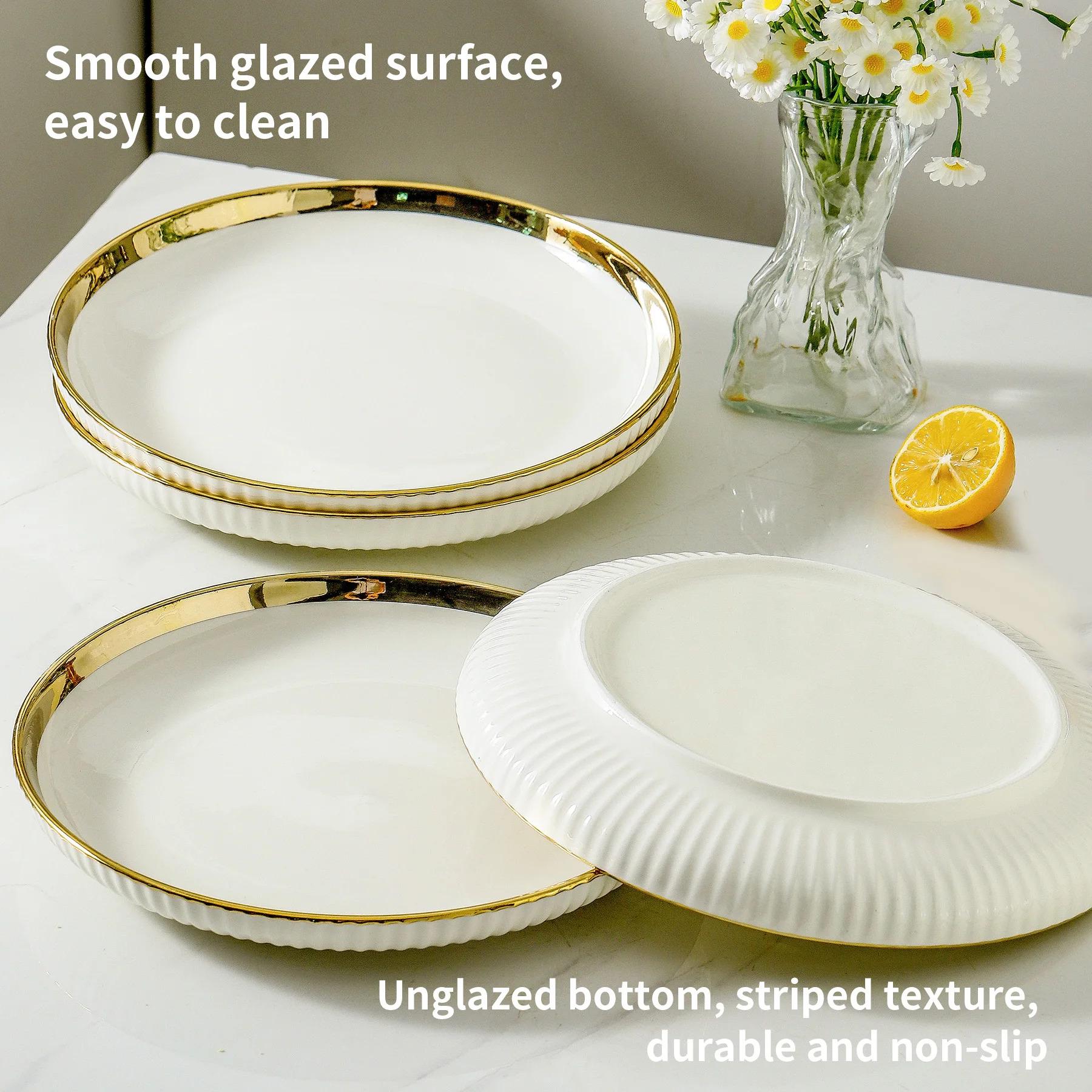 LETAOTAO Wedding Dining Tray Set White Porcelain Plate Dish with Gold Edge Eco-Friendly Ceramic Tray for Table Gold Trim