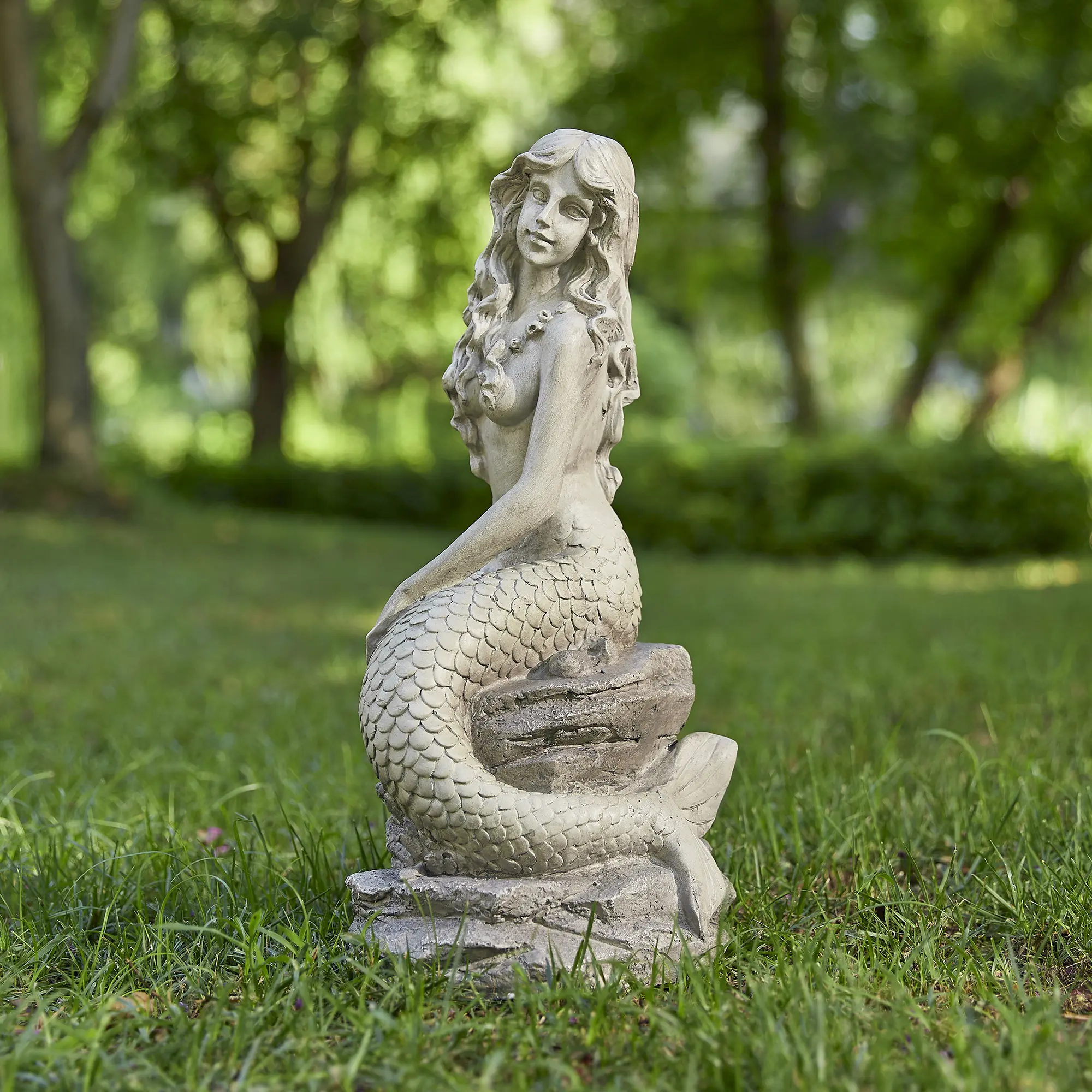Glitzhome 20"H MGO Concrete Finish Mermaid Garden Statue, Outdoor Garden Accessory, Home Decor Statue Decorations
