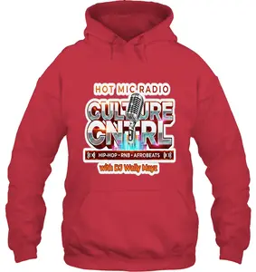 Unisex Culture CNTRL Hot Mic Radio Hoodie in Bold Red with Hip-Hop R&B Afrobeats Theme and DJ Wally Mayz Text