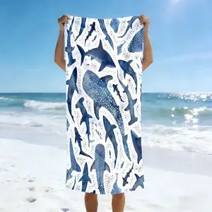 Watercolor Shark Pattern Beach Towel, Ocean Art Fashion Design, Lightweight Soft Quick Dry, Sun Protection, Summer Vacation