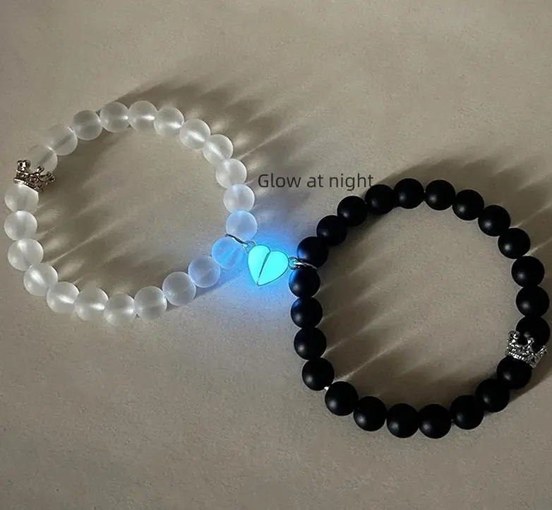 2 Pcs of Blue and Green Light Bead Heart ShapedMagnet Couple's Bracelets Fashion Bff Jewelry Gifts