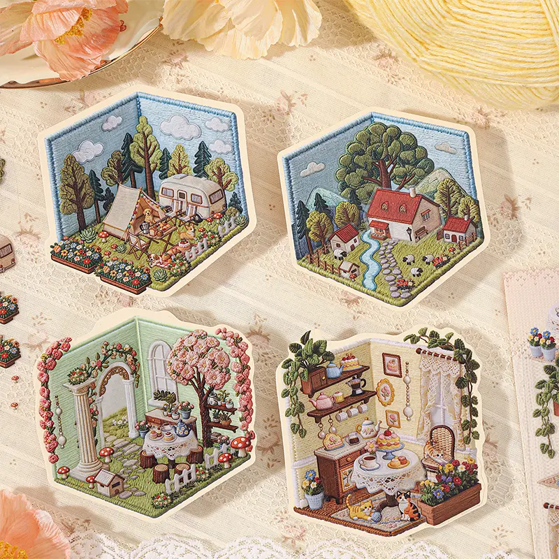 4-Piece Vintage Cottagecore Scene Stickers, Embroidery-Style Camping, Garden & Tea Room Stickers, Cozy European House Decorative Stickers, Aesthetic Journal & Scrapbooking Stickers