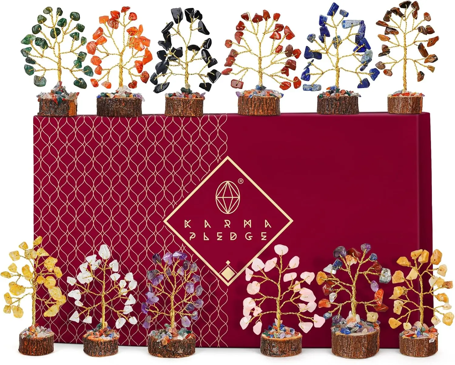 Non-Natural Crystal Tree Set - 12-Piece Carnelian, Lapis Lazuli, Copper Wire Decor - Gifts for Adults, Friends - Home Office Shelf Desk Decor for Positive Energy, Reiki Healing - Anniversary, Father's Day Gifts