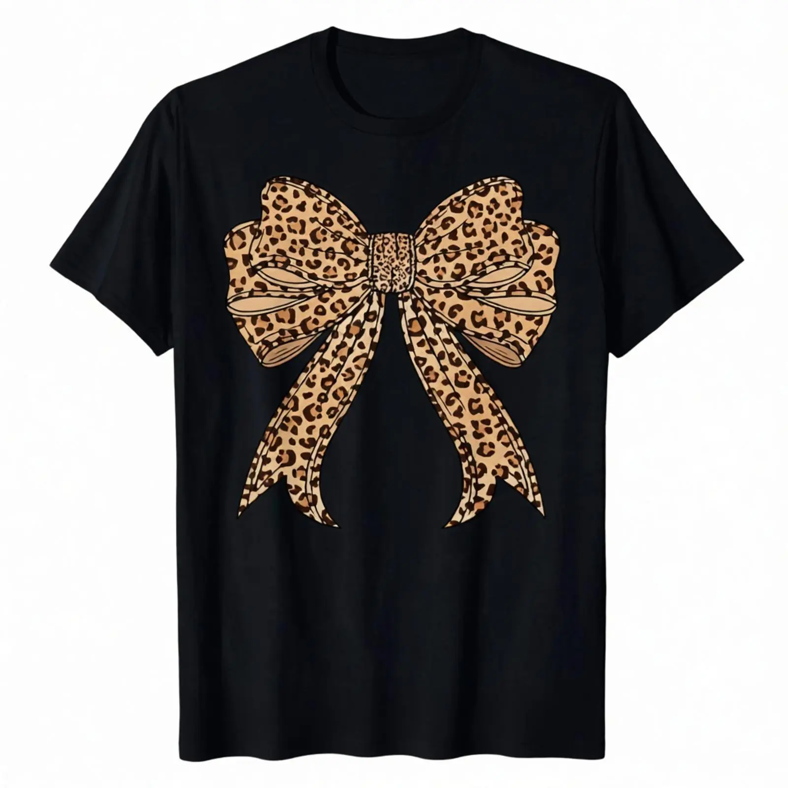 Women's DTG Printed Oversized Bow Leopard Print Trendy Graphic Short-Sleeve Round Neck Casual Coquette Aesthetic Sports Top (No Box Included)