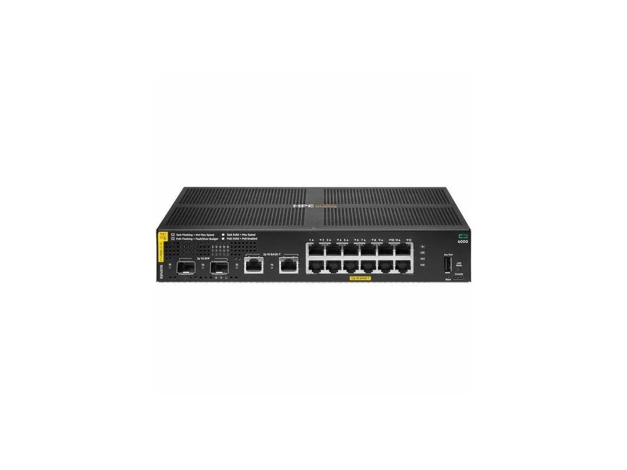 Aruba CX 6000 12p 10M/100M/1G Class4 PoE 2p SFP 1G 139W Switch - 14 Ports - Gigabit Ethernet - 10/100/1000Base-T, 1000Base-X - 2 Layer Supported - 2 SFP Slots - 165 W Power Consumption - R8N89B#ABA