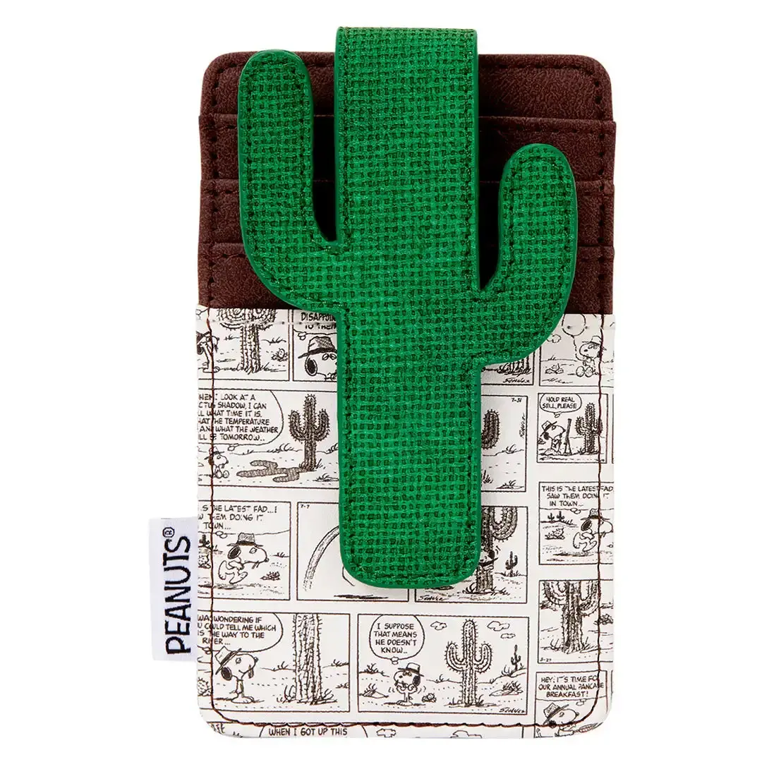 Loungefly PEANUTS Women's Distressed Faux Leather Spike Desert Card Holder - Lightweight, Graphic Cartoon Design, Zip Closure, 3 Cards Capacity, Cactus Clip, Casual Luggage & Bags Accessory, Three Cards, Hand Wash Only