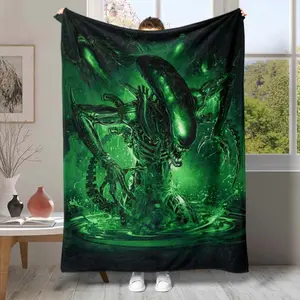 Horror Alien Monster Art Print Soft Flannel Blanket - All-Season Cozy Throw with Vibrant Green Alien Design, Machine Washable, Perfect for Naps & Home Decor, Blanket for Bed, Home Decor Accessory, Sci Fi Theme Decor, Durable Fabric,Christmas Gifts