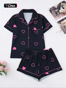 【Valentine's Day】Women's Valentine's Day Sleepwear Set, Cartoon Print Fitted Short Sleeve Top & Elastic Shorts, Casual Home Wear, Comfortable