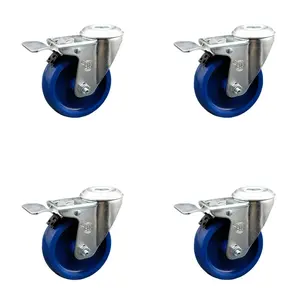212 MAIN Stainless Steel Solid Polyurethane Swivel Bolt Hole Caster - 4x1.25 in. Blue Lockable Wheels, SCC-SSBHTTL20S414-SPUS-4 Model, Set of 4