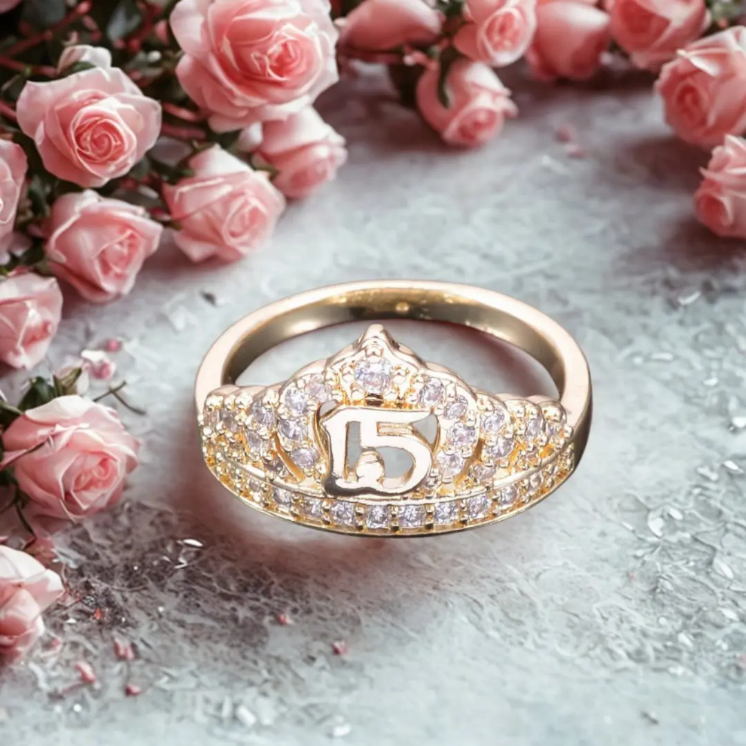 Gold Plated Quinceañera Crown Ring with Number 15, Sparkling Cubic Zirconia Jewelry as Gift for 15th Birthday Celebration Meaningful Gift