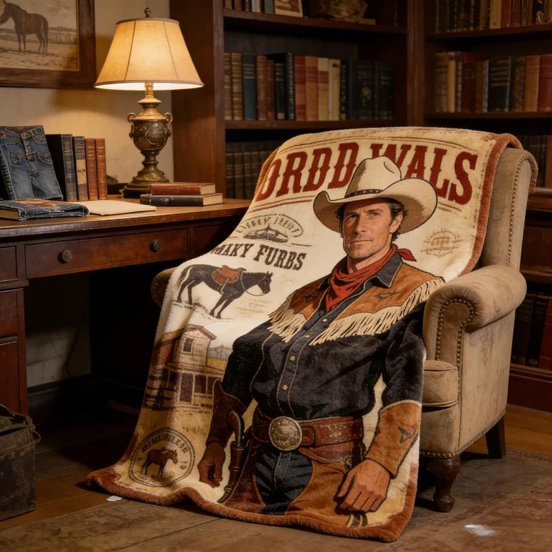 Rustic Western Cowboy Blanket, 280gsm Soft Flannel Fleece Throw Blanket, Vintage Wild West Cowboy Print with Horse & Ranch, Country Western Home Decor for Couch Bed, Gifts for Cowboy Fans