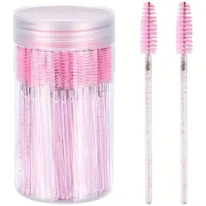 100 Pack Disposable Eyelash Spoolies Mascara Wands with Storage Container, Crystal Pink Flexible Bristle Lash Brushes for Eyelash Extensions, Eyebrow Grooming, Castor Oil Application, Home & Salon Makeup Tools