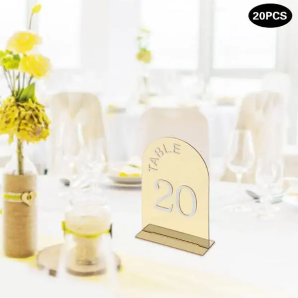 20PCS Small-Size Modern Gold Acrylic Arched Table Numbers - Weatherproof Festive Decorations with Insert Light Props, Smooth Seat Sign Boxes for Table Decor, Decorating, Customizable Numbering Needs, Party Supplies