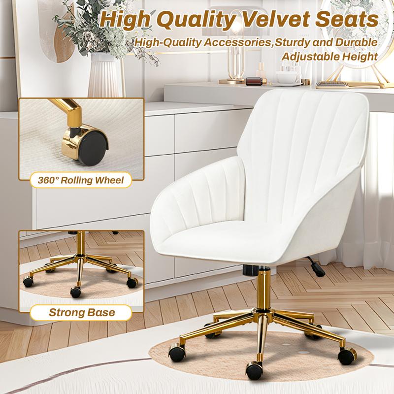 Home Office Desk Chair Comfy with Adjustable Swivel Wheels, Modern Velvet Makeup Vanity Chair with Back & Pillow, Ergonomic Office Chair Computer Task Chair for Living Room, Bedroom