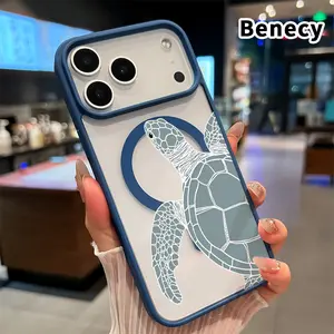 Magnetic Soft Case for iPhone 17 16  Pro Max Plus 15 14 13 12 11 Air E Non-Yellowing Drop Protection Transparent Acrylic Sea - turtle silhouette Pattern Shockproof Silicone Cover Supports Wireless Charging