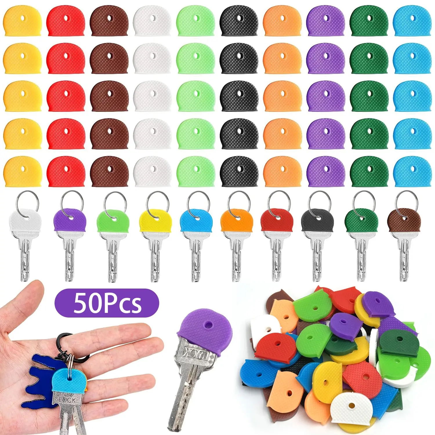 50 Pcs Key Caps Covers Key Cap Tags Colorful Key Identifiers Protectors Flexible Key Toppers for Regular Flat House Keys