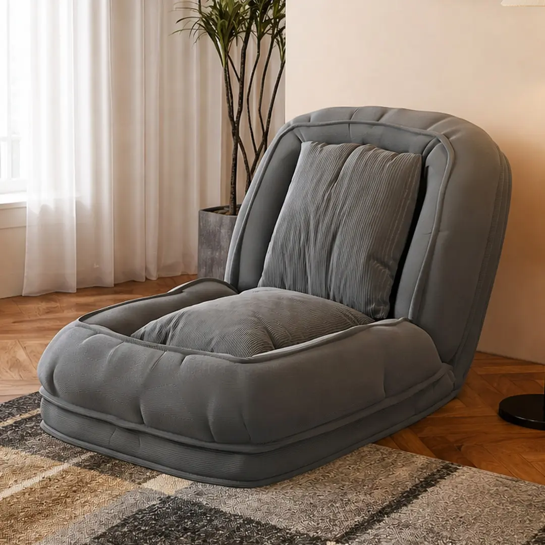 Upholstered Corduroy Foldable Lazy Sofa Bed with 5 Adjustable Positions and 2 Pillows, 70.87x37.40x11.02 Inch Floor Lounger for Adults and Pets, Grey Convertible Recliner for Living Room, Bedroom, Reading Corner, Grey Color Options