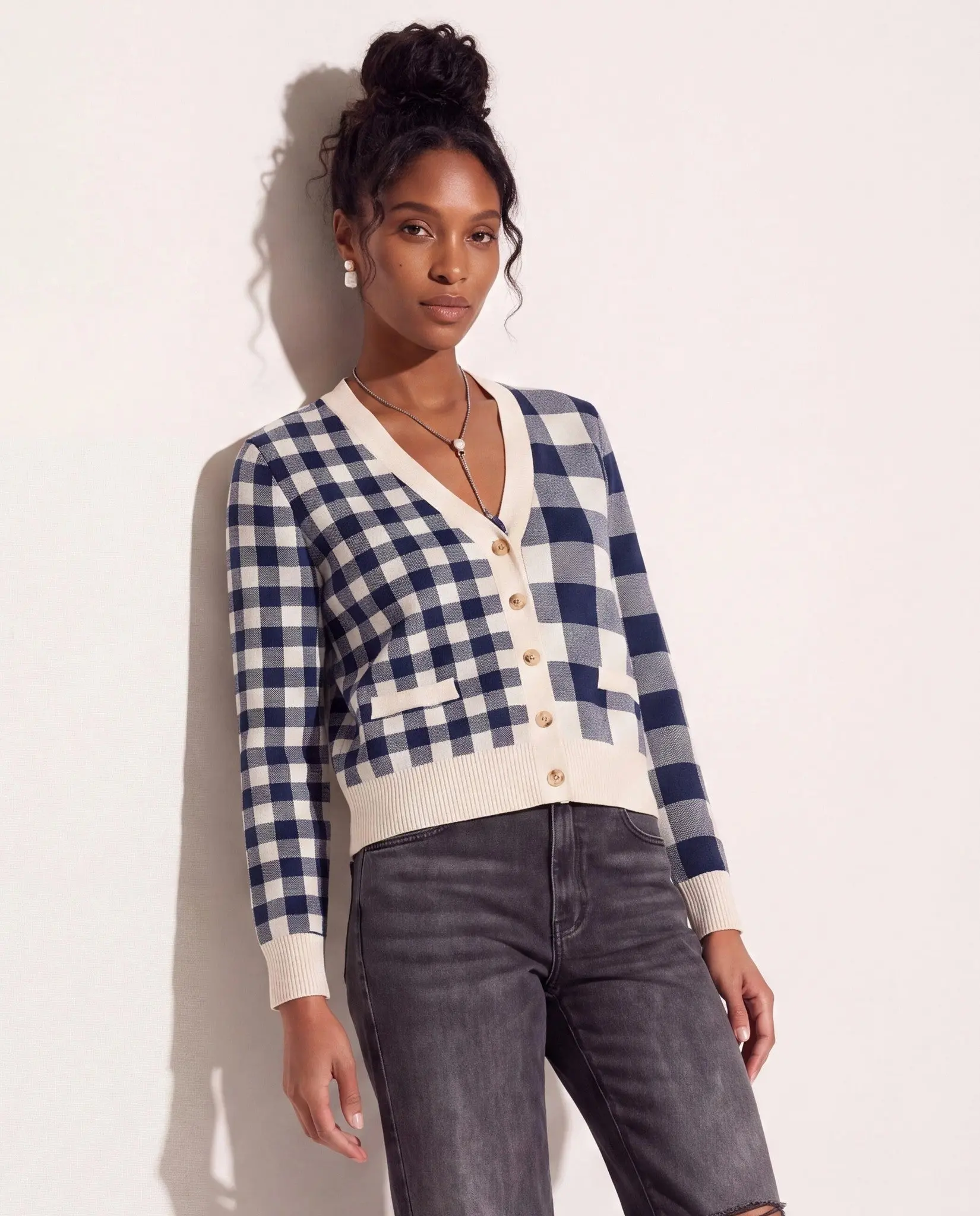 Double Plaid Print Cardigan for Women, Cropped Casual Long Sleeve Stretch Knitwear with Button-Up Front and Faux Welt Pockets, Tops, Beach, Longsleeves, Button-Front