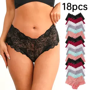 Assorted Lace G-String Thongs 18-piece Women's Lace Briefs - Low-waist, soft and breathable panties, seamless and comfortable briefs,  solid color shorts, suitable  all seasons,   Fit Womenswear underwear period underwear   women skin-friendly