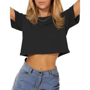 Womens Summer Crop Tops Short Sleeve Round Neck T-Shirts Loose Fit Casual Blouse Womenswear Streetwear Minimalist Shortsleeve Basic Tshirt