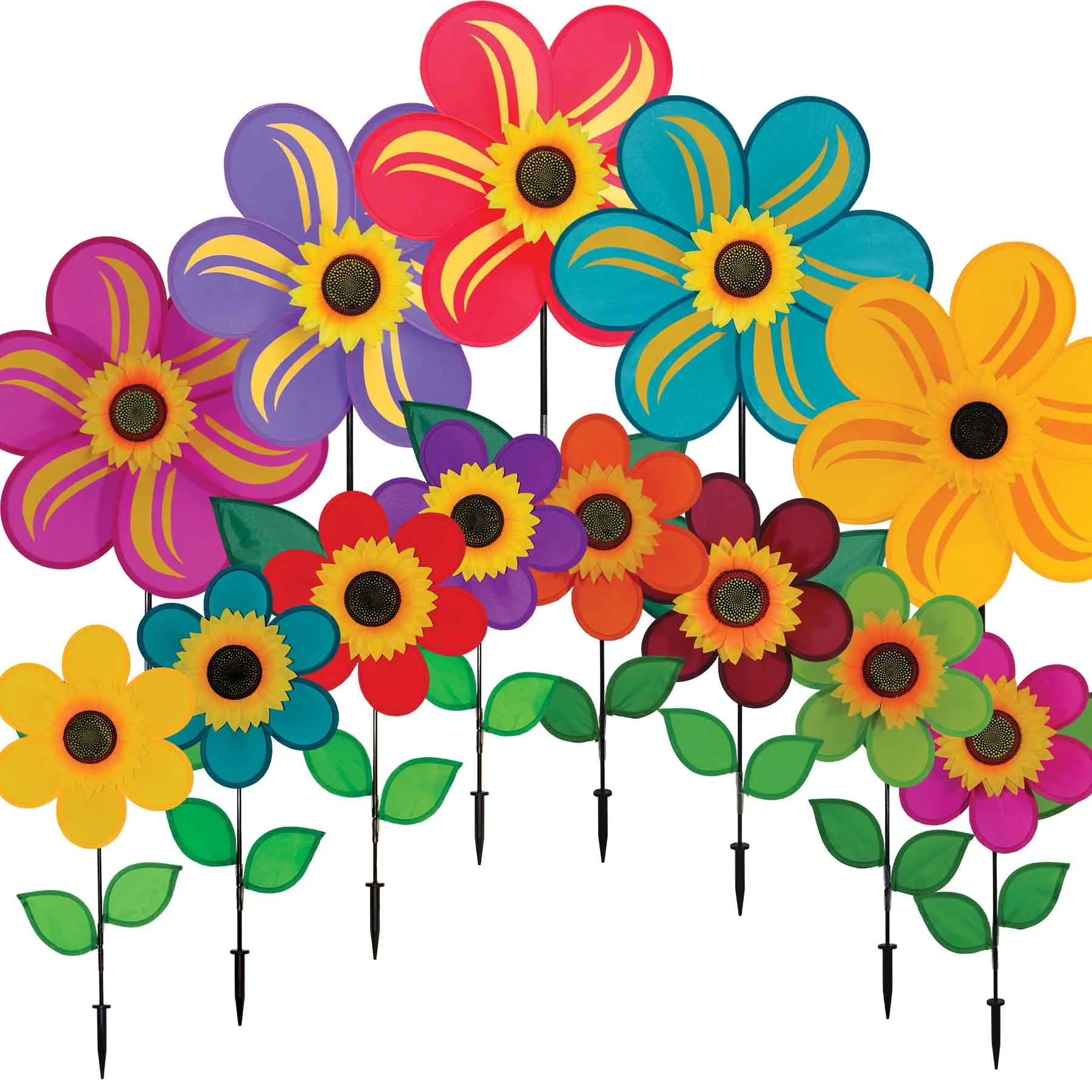 In the Breeze Sunflower Spinner with Leaves -- Colorful Wind Spinner for Yards Gardens Patios Various Colors Designs and Sizes Weather Resistant Fabric Fiberglass Frame