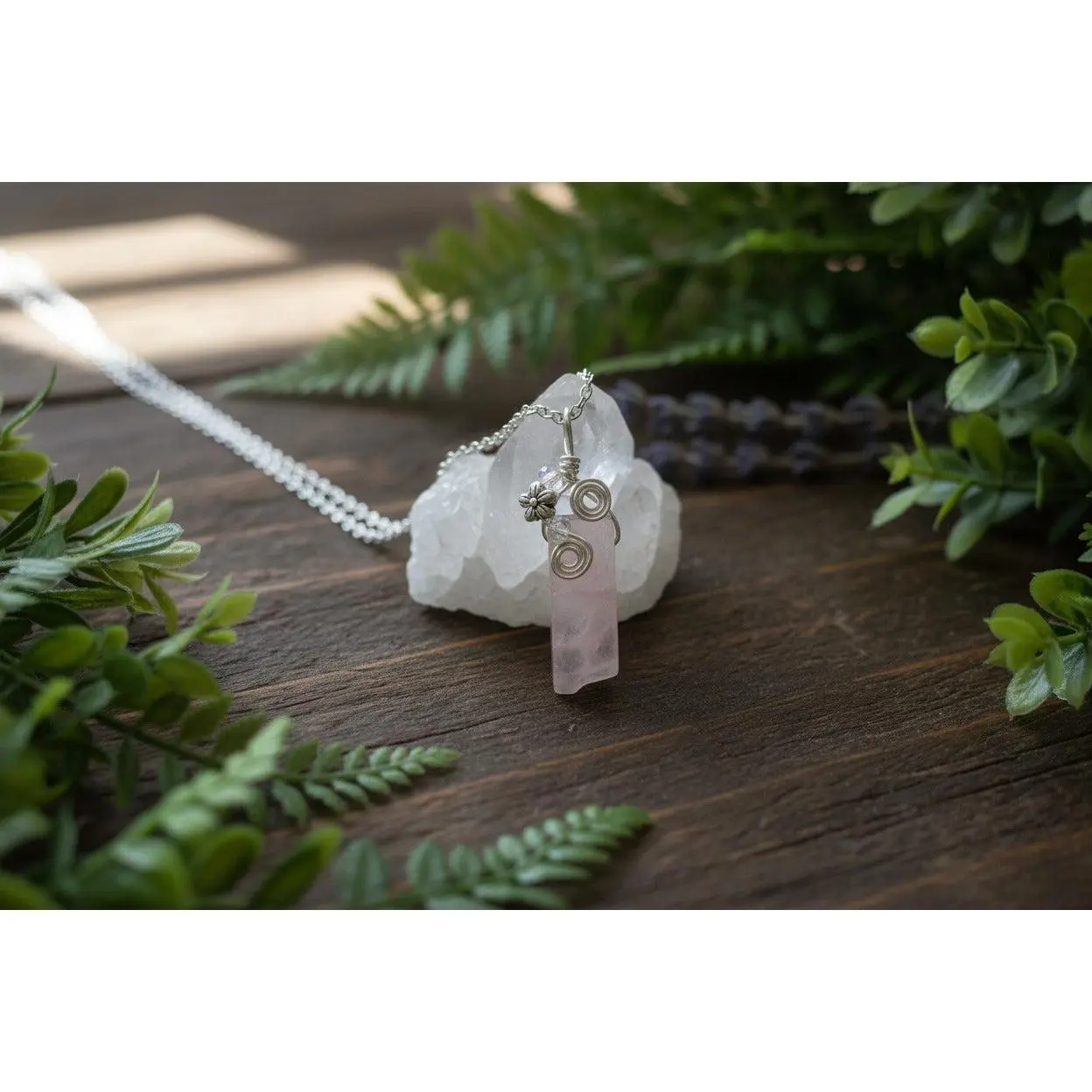 Rose Quartz Floral Pendant Necklace, Silver Necklace, Boho Necklace, Handmade Necklace Pink Stone, Natural Stone Necklace