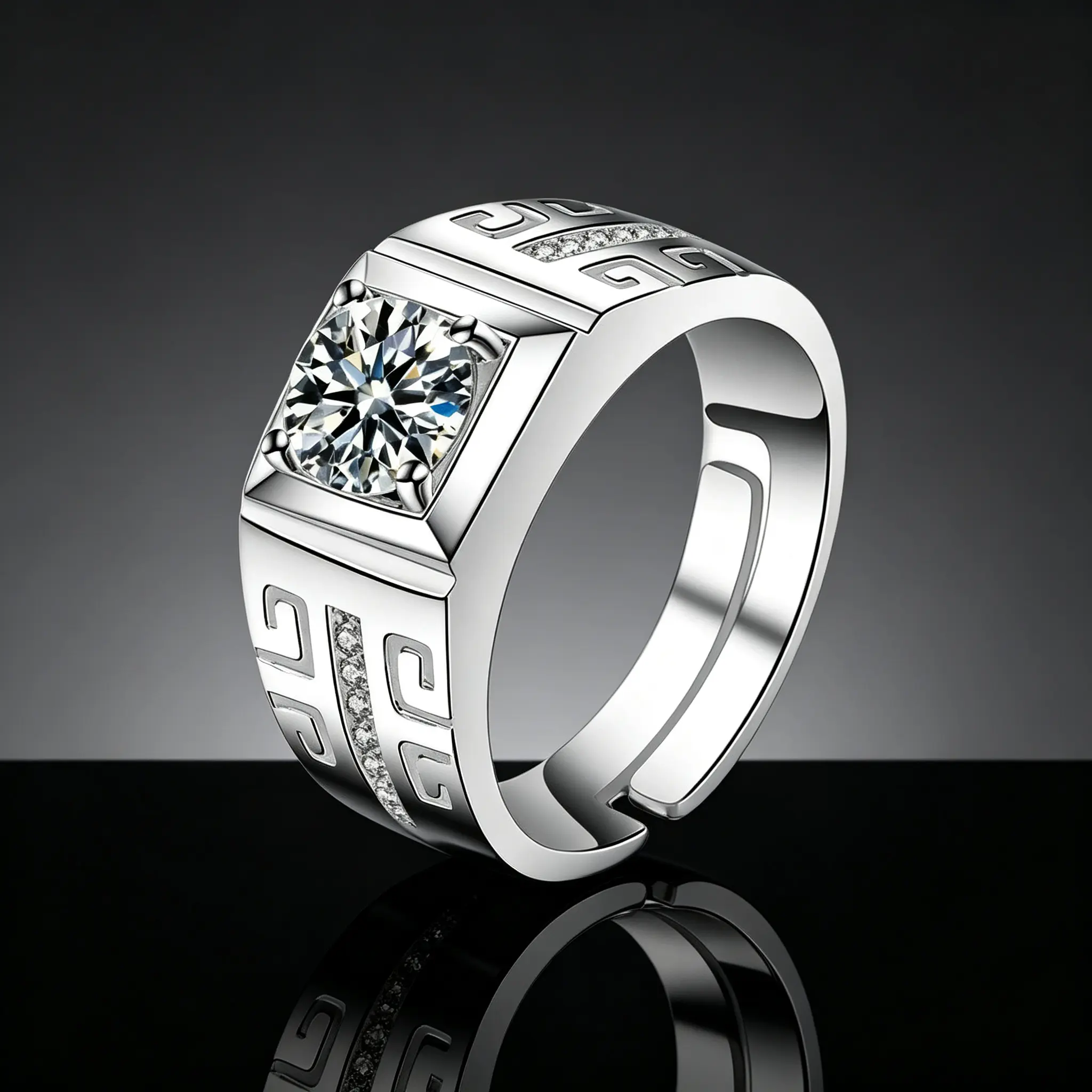S925 Sterling Silver 1CT Moissanite Men's Signet Ring - GRA Certified, Diamond Tester Passing, Bold Square Adjustable Open Band, Hypoallergenic Jewelry Gift for Men, Moissanite Jewelry with Daily Wear Masculine Look & Signet Engraving