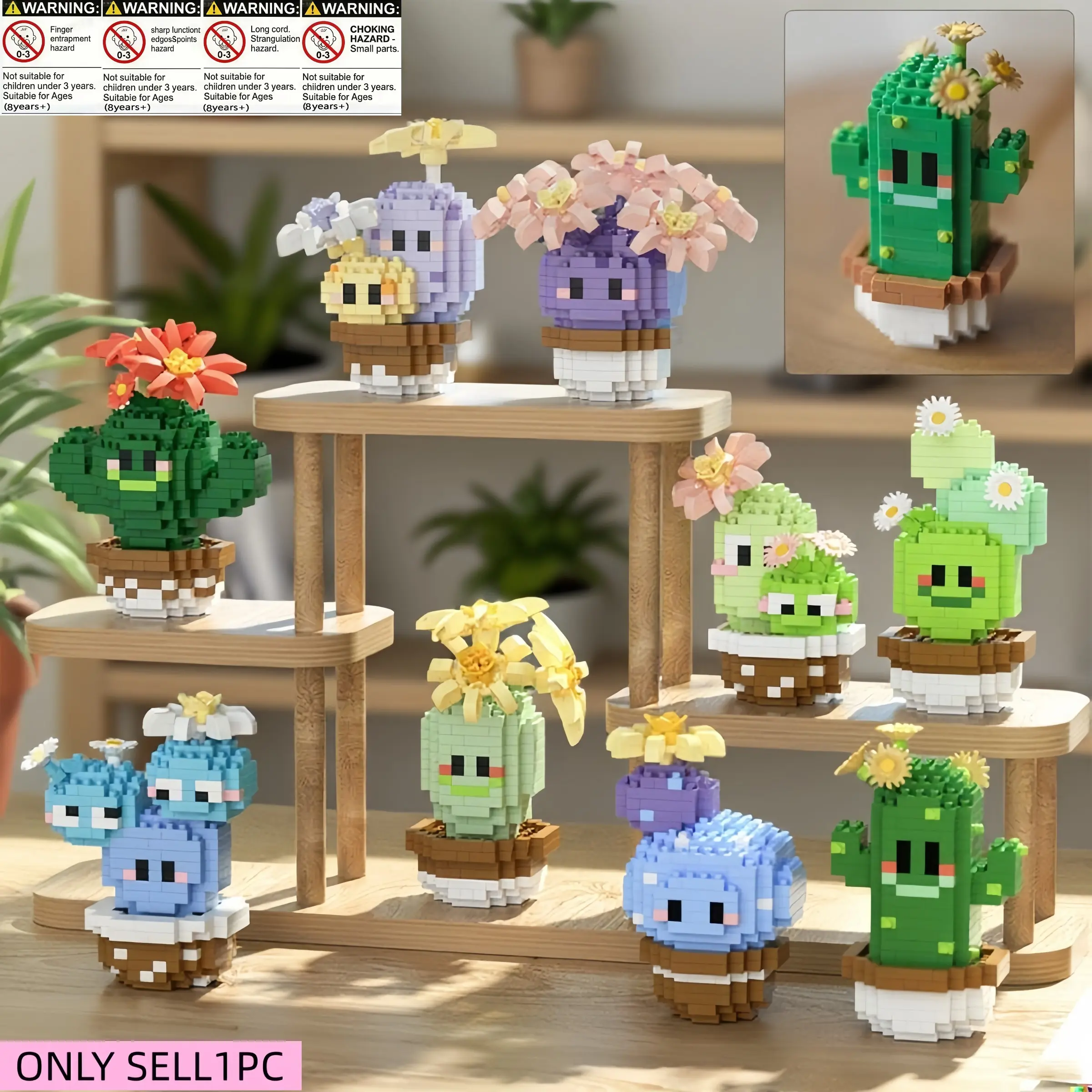 Cartoon Cactus Building Block Set, Creative Plant-Themed Construction Kit for 8+, Building Sets, Fun Collectible Models in Various Colors, Building Blocks Set