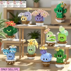 Cartoon Cactus Building Block Set, Creative Plant-Themed Construction Kit for 8+, Fun Collectible Models in Various Colors, Building Blocks Set